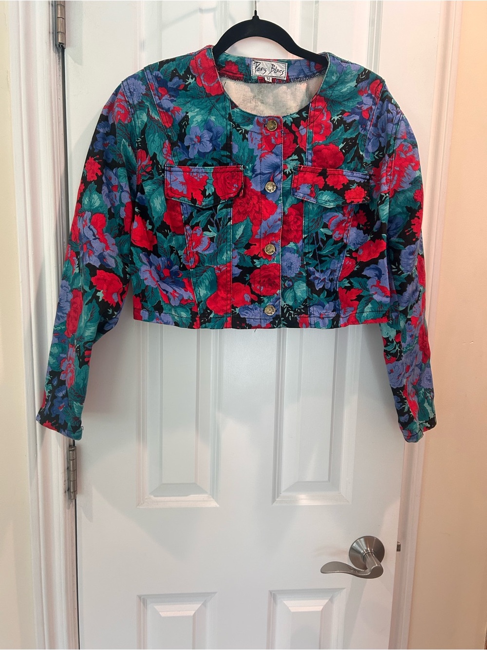 Vintage 90s Paris Blues Floral Cropped Denim Jacket Y2K Medium